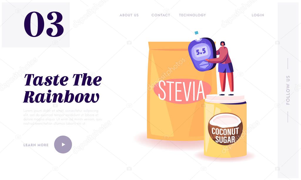 Natural Sweeteners for Diabetic People Website Landing Page. Tiny Woman Stand on Coconut Sugar Box near Stevia Package Holding Blood Glucose Meter Web Page Banner. Cartoon Flat Vector Illustration