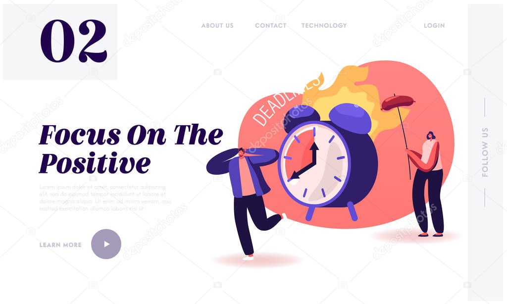 Positive Negative Thinking Website Landing Page. Man Suffering of Deadline, Woman Getting Benefit from Situation Frying Sausage on Burning Alarm Clock Web Page Banner. Cartoon Flat Vector Illustration