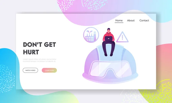 Santé Sécurité Environnement Site Web Page d'atterrissage. Personnage masculin assis sur un énorme chapeau dur travaillant sur un ordinateur portable avec signe d'avertissement et icône d'usine, page Web des règles de Hse Bannière Illustration vectorielle plate de bande dessinée — Image vectorielle