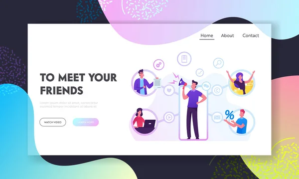 紹介プログラムビジネスウェブサイトランディングページ営業マンは友人を参照する視聴者を引き付けるメガホンに叫んでいます。インターネットと関係ネットワークのウェブページバナー。漫画フラットベクトルイラスト — ストックベクタ