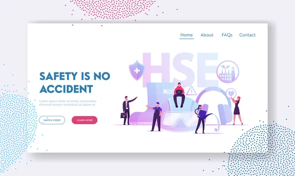 HSE Website Landing Page. Tiny Male and Female Characters and Attributes for Working. Environmental Protection and Health Safety Environment at Work Web Page Banner. Cartoon Flat Vector Illustration