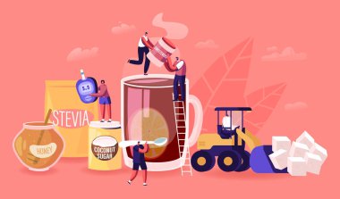 Doğal Tatlandırıcı Yiyen İnsanlar Konsepti. Erkek ve Kadın Karakterler Şekeri Beslenme ve Kullanım Balı, Hindistan cevizi özütü ve Stevia Eco Üretimi Mutfak Çizgi Filmi Düz Vektör İlüstrasyonundan Çıkardılar
