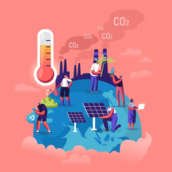 地球温暖化の概念。地球上の植物の小さな文字ケア、煙を放出する工場管、温度計は、高温を示しています。チリ大気汚染、 CO2ガス排出漫画フラットベクトルイラスト — ストックベクタ