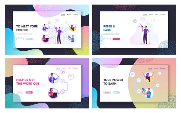 Referral Program, Afiliasi Website Kemitraan Landing Page Set. People Attracting New Clients Create Network dan Getting Bonus for Friends Purchase Web Page Banner (dalam bahasa Inggris). Ilustrasi Vektor Flat Kartun - Stok Vektor