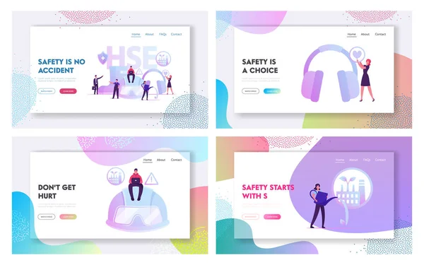 Здоров'я Безпека Навколишнього середовища Веб-сайт Landing Page Set. Люди з атрибутами на відповідність правилам безпеки на заводі та виробництві, промисловий Hse Web Page Banner. Мультфільм плоский Векторні ілюстрації — стоковий вектор