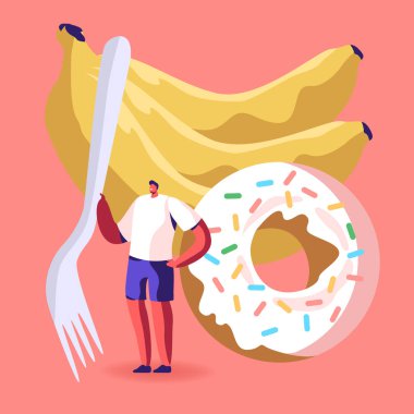 Ürünler Konseptinde kötü ve iyi karbonhidrat kaynakları. Dev Banana Bunch 'taki Küçük Erkek Karakter Tutucu Çatal Durağı ve Renkli Şekerlemeli Taze Fırında Donut. Çizgi film Düz Vektör İllüstrasyonu