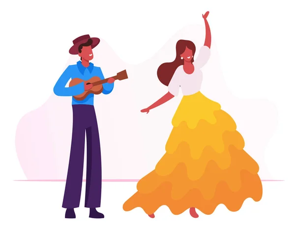 Молодой человек играет на Укулеле на гитаре девушке, танцующей традиционный танец на карнавале в Рио. Гитарист-виртуоз виртуоз, выступающий на ярком плоском векторе — стоковый вектор