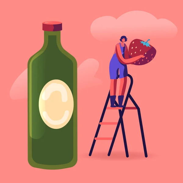 Local Food, Organic Production, Homemade Strawberry Jam, Juice or Syrup. Tiny Female Character Stand on Ladder near Huge Bottle Holding Fresh Ripe Berry in Hands. Cartoon Flat Vector Illustration — 스톡 벡터