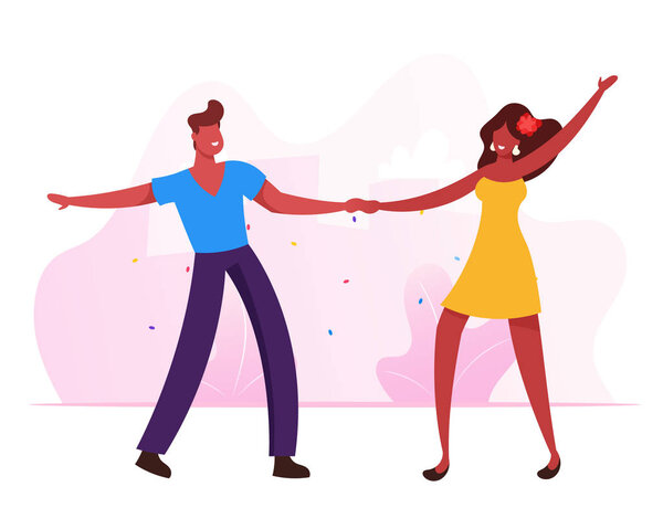 Couple of Young Girl and Man Visiting Brazil Dancing Studio. Dance Partners Moving Body with Hands Up. Friends Fun Leisure, People Nightlife Clubbing, Rio Festival Cartoon Flat Vector Illustration