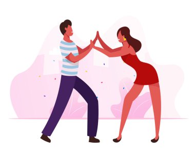 Brezilya Dans Partisinde veya Rio Karnavalı 'nda Samba Dans Eden Gençler. Moda Giyimli Adam ve Kadın Müzik Ritmine Gidiyor. Mutlu Boş Zamanlar ve Hobi Karikatür Düz Vektör İllüstrasyonu