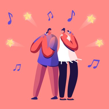 Karaoke Bar 'da Sahne Kulübü' nde Mikrofonla Bekleyen Neşeli Çift Şarkısı. Hafta sonu Sparetime, Yaratıcı Hobi, Şirket Partisi Kutlaması, TV Şovu. Çizgi film Düz Vektör İllüstrasyonu