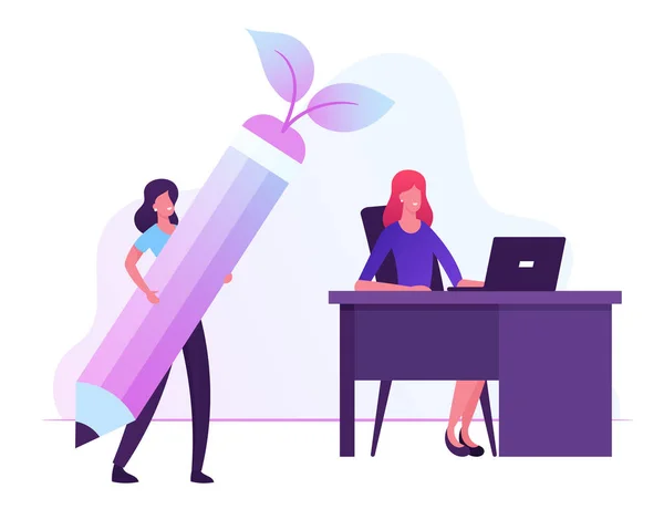 Businesswomen Working at Eco-Friendly Green Office. Girl Carry Huge Wooden Pencil with Plant Leaves. Woman Sitting at Desk Working on Laptop. Eco Friendly Business Cartoon Flat Vector Illustration — 스톡 벡터