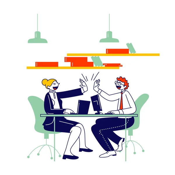 Man and Woman Colleagues Sitting at Desk Giving Highfive to Each Other after Goal Achievement or Successful Business Deal Contract Signing. Triumph Support Cartoon Flat Vector Illustration, Line Art — Stock Vector