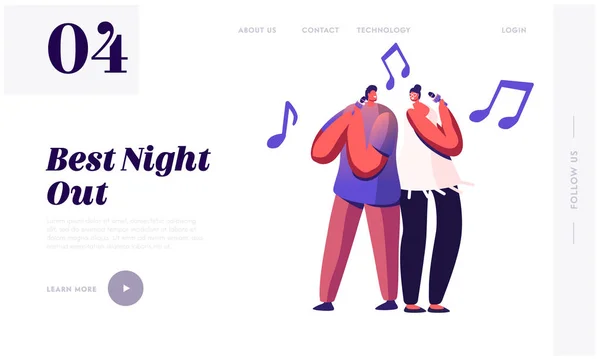 Cheerful Couple Singing Song in Karaoke Bar Website Landing Page. Man and Woman Standing with Microphones on Stage. Weekend Sparetime, Creative Hobby Web Page Banner. Cartoon Flat Vector Illustration — Stock Vector