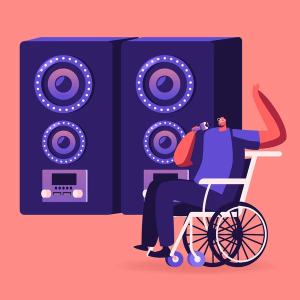 Gehandicapte man zit in een rolstoel te zingen in Karaoke Bar in de buurt van Enorme Dynamics. Mindervalide Man Karakter Genieten van het leven Breng tijd door in recreatie Weekend Recreatie Cartoon Flat Vector Illustratie — Stockvector