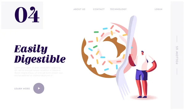 Schlechte und gute Quellen von Kohlenhydraten in Produkten Website Landing Page. winzige männliche Charakter mit Gabel stehen an riesigen frisch gebackenen Donut mit Streusel Web-Seite Banner. Cartoon flache Vektorillustration — Stockvektor