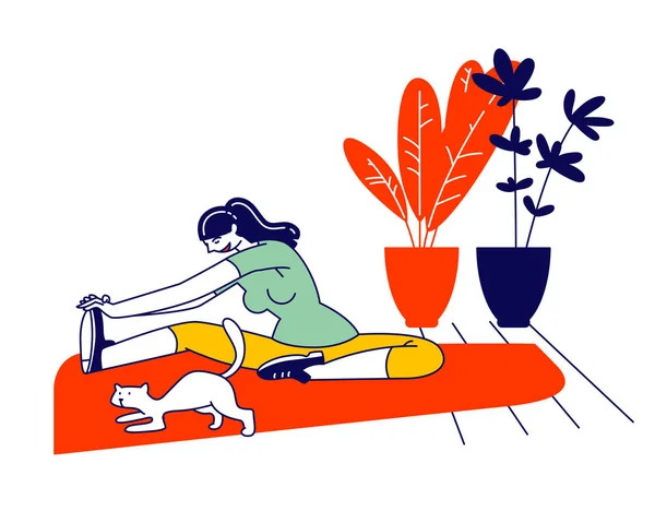 Jonge vrouw zittend op de vloer met kat in kamer interieur doen stretching oefeningen voor gezond lichaam. Fitness en Sport Activiteit thuis, Gymnastiek Workout. Cartoon Flat Vector Illustratie, Lijnkunst — Stockvector