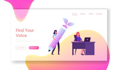 Eco Friendly Business Website İniş Sayfası. Kız Bitki Yapraklı Dev Tahta Kalem Taşır. Modern Çevre dostu Yeşil Ofis Web Sayfasında Kadın Dizüstü Bilgisayarda Çalışır. Çizgi film Düz Vektör İllüstrasyonu