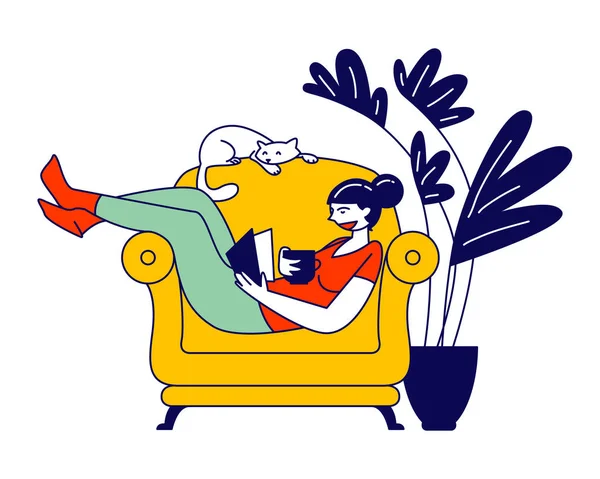 Membaca Hobi Buku. Wanita muda duduk di kursi baja yang nyaman di Home Read Buku yang menarik dengan Cat tidur di sampingnya. Pembaca Deep Immersion to Fantasy World Cartoon Flat Vector Illustration, Line Art - Stok Vektor