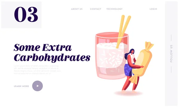 Recursos de carbohidratos buenos y malos Página web Landing Page. Productos con alto y bajo nivel de glucosa. Mujer Hold Enorme Dulce cerca de vidrio con semillas de chía Página Web Banner. Dibujos animados plana Vector Ilustración — Archivo Imágenes Vectoriales