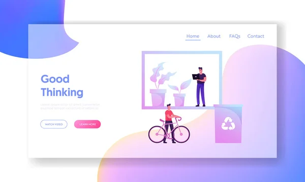 Green Eco Friendly Site Escritório Landing Page. Empresário montando no trabalho em bicicleta, pessoas que trabalham no local com plantas e reciclagem de areia Bin Web Page Banner. Desenhos animados ilustração vetorial plana — Vetor de Stock