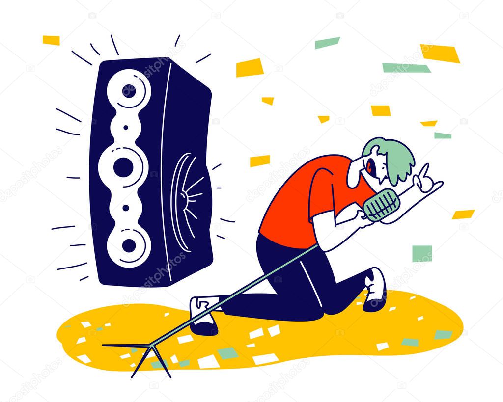 Man Cheering, Dancing and Jumping on Stage Performing Rock Composition in Karaoke Bar. Artist Singing at Music Event or Concert, Corporate Party Leisure. Cartoon Flat Vector Illustration, Line Art