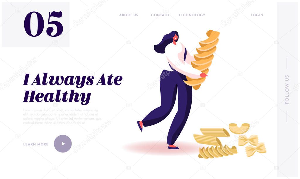 Carbohydrate Source Website Landing Page. Female Character Holding Pasta and Dry Macaroni of Various Kinds around. Italian Cuisine, Healthy Food Menu Web Page Banner. Cartoon Flat Vector Illustration