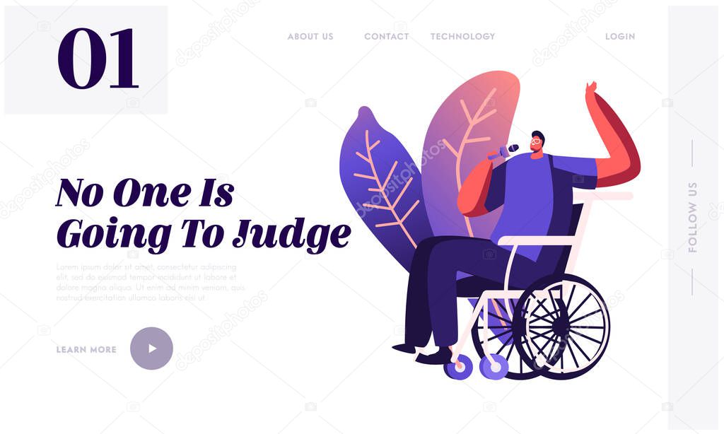 Disabled Character Enjoying Life Website Landing Page. Handicapped Man Sitting in Wheelchair Singing at Karaoke Bar. Spend Time in Recreational Place Web Page Banner. Cartoon Flat Vector Illustration