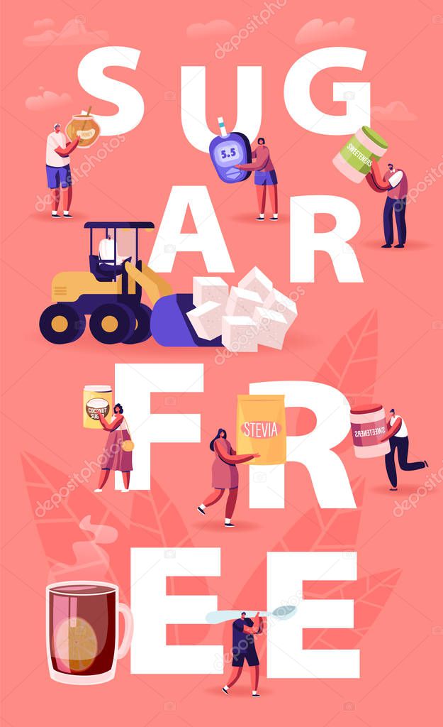 Sugar Free Concept. People Eating Natural Sweeteners Remove Cane Sugar from Nutrition Use Honey, Coconut Extract and Stevia Eco Production Poster Banner Flyer Brochure Cartoon Flat Vector Illustration