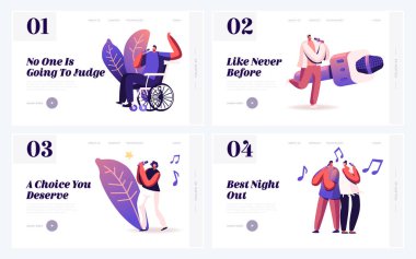 Karaoke Bar Web Sitesi İniş Sayfasında Şarkı Söyleyen İnsanlar. Sağlıklı ve Engelli Karakterler Hafta Sonu Boş Zamanlarında Harika Ruh Haliyle Neşelenin ve Rahatlayın Web Sayfası Çizgi Film Düz Vektör İlülasyonu