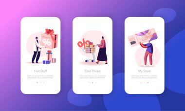 İndirimli Mobil Uygulama Sayfası Ekran Seti. Müşteriler mağazadan bir şeyler almak için indirim kuponu kullanıyor. Tüketim, Web sitesi veya Web Sayfası için Fiyat Tanıtımı Konsepti, Çizgi Film Düz Vektör İllüstrasyonu