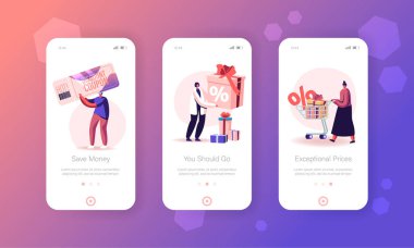 İndirimli Mobil Uygulama Sayfası Ekran Seti. Bir şeyler satın alan karakterler ve tatiller için hediyeler. Web sitesi ya da Web Sayfası için Mutlu İnsan Alışverişi Konsepti, Çizgi Film Düz Vektör İllüstrasyonu