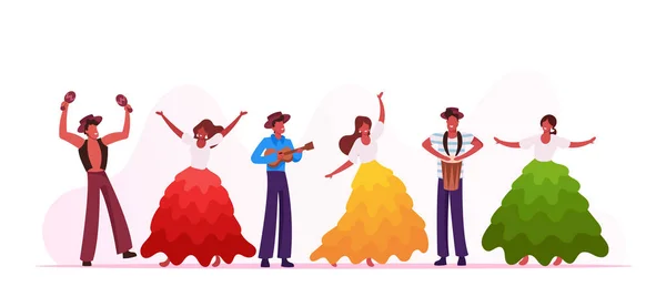 Rio Karnevalsmusiker Band und Tänzerinnen isoliert auf weißem Hintergrund. junge Männer mit Trommeln und Ukulele beim traditionellen Festival in Brasilien. Künstler performance cartoon flat vector illustration — Stockvektor