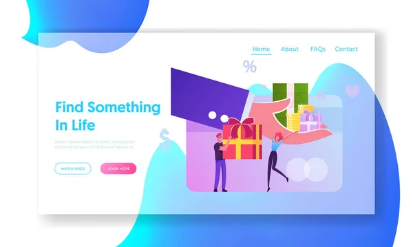 フェスティバルセール&ショッピングプロモーション、ボーナスシステムウェブサイトランディングページ。巨大な人間の手はお客様にギフトボックスを与える。クーポンWebページの利用者｜バナー漫画フラットベクトルイラスト — ストックベクタ