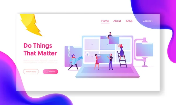 Site de Gerenciamento Eletrônico de Documentos Landing Page. Arquivo de Dados Digitais Armazenamento de Arquivo de Computador, Personagens de Negócios no Laptop com Pastas na Tela Web Page Banner. Desenhos animados ilustração vetorial plana — Vetor de Stock