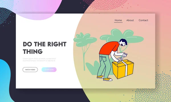 Homem Voluntário no Centro de Doações Caixa de embalagem com Doação Coisas Site Landing Page. Organização da Caridade Ajude as Pessoas Pobres em Problemas Web Page Banner. Desenhos animados plana Vector Ilustração, Line Art — Vetor de Stock