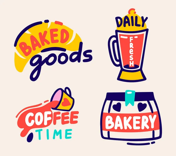 Baked Goods, Daily Fresh, Coffee Time e Bakery Labels Set Isolado em fundo branco. Elementos desenhados à mão bonitos e tipografia para produção de café ou design de pacote. Desenhos animados Vector Ilustração — Vetor de Stock