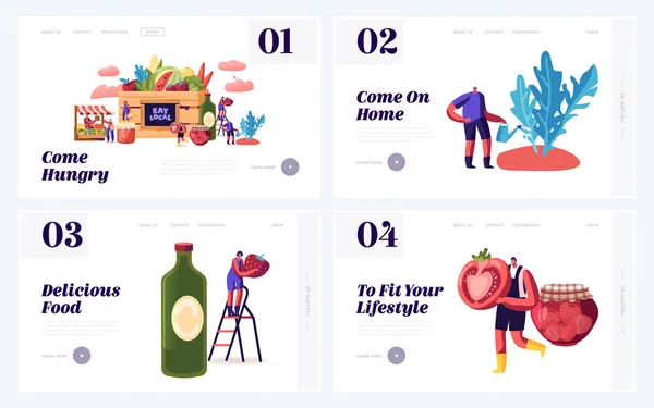 Local Food Eating Website Landing Page Set. Farmers Grow Traditional Environment Homestead Fruit, Greenery and Vegetable in Village or Countryside Web Page Banner. Cartoon Flat Vector Illustration — 스톡 벡터