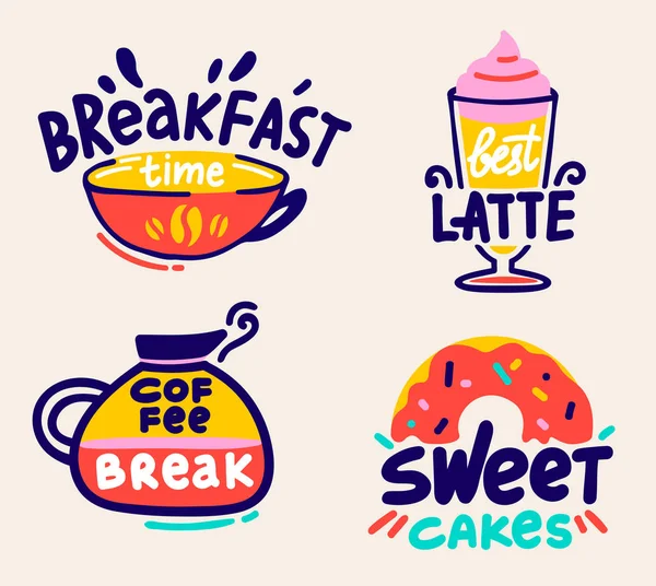 Coffee Break and Breakfast Time Labels Set Isolerad på vit bakgrund. Söta Doodle stil ikoner, rita klistermärken eller taggar. Söta tårtor, bästa latte hand skriven typografi. Tecknad vektor Illustration — Stock vektor
