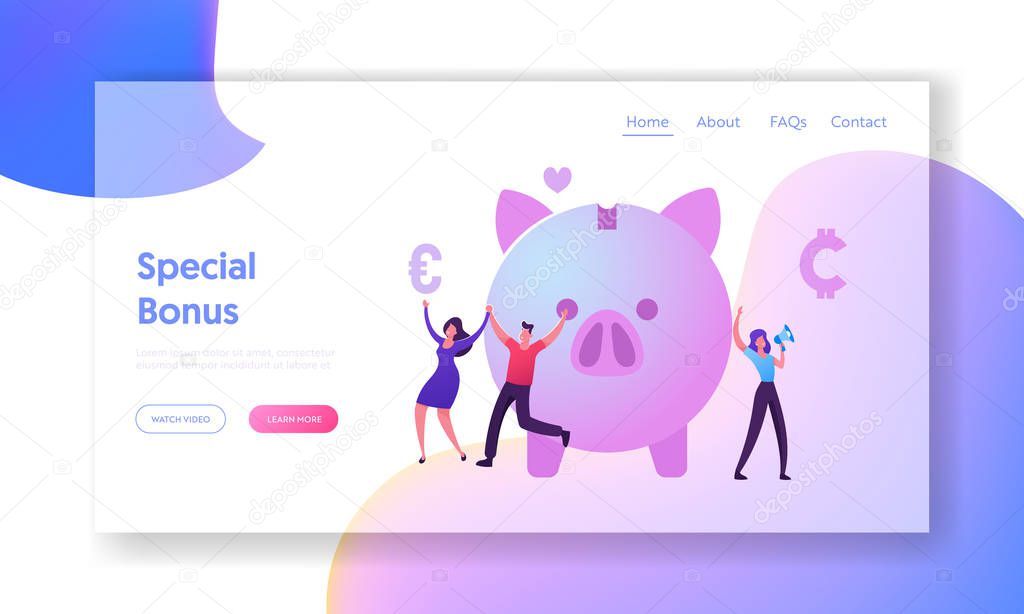Bonus Card and Loyalty Program Website Landing Page.Tiny Male and Female Characters Happily Jumping near Piggy Bank, Woman Promoter Shout to Megaphone Web Page Banner. Cartoon Flat Vector Illustration