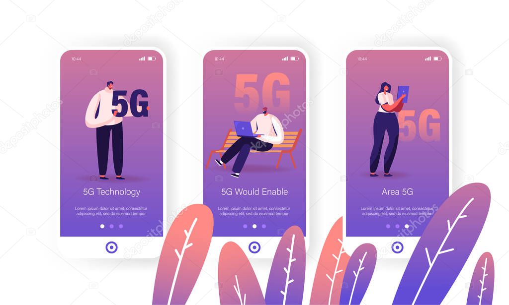 5G Internet Connection Mobile App Page Onboard Screen Set. Young People Using Cellular for Gadgets Communication Online, Networking Concept for Website or Web Page, Cartoon Flat Vector Illustration