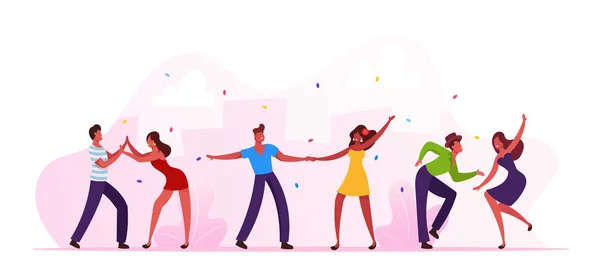 Salsa Dançarinos Personagens Masculinos e Femininos em Fantasias Coloridas Divertindo-se na Festa ou Carnaval do Clube de Dança Brasileiro. Homens e mulheres latinos vestem vestido festivo Brasil dança Cartoon Vector Ilustração — Vetor de Stock