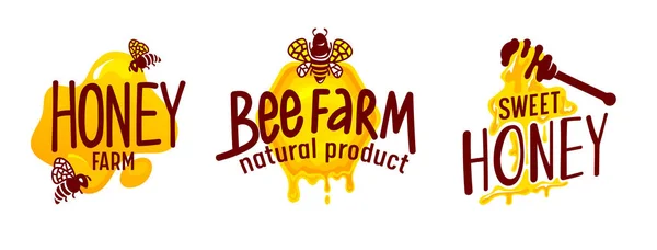 Conjunto de Etiquetas ou Ícones de Produção de Mel Natural Isolados em Fundo Branco. Abelhas voando ao redor de Sweet Beekeeping Eco Produto. Tag or Adesivo Coleção para o projeto do pacote. Desenhos animados Vector Ilustração — Vetor de Stock