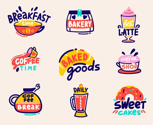 Leuke set voor bakkerij winkel of koffiehuis goederen ontwerp geïsoleerd op witte achtergrond. Doodle Icons Verzameling van Bakkerij en Warme Dranken, Beker van Latte, Dagelijkse Verse Typografie Cartoon Vector Illustratie — Stockvector