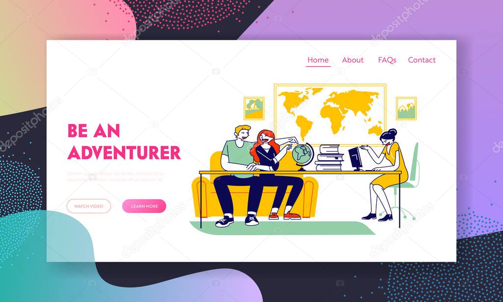 Couple Visiting Travel Agency Website Landing Page. People Buying Tour and Going on Holiday Vacation Traveling. Agent Choose Touristic Trip Web Page Banner. Cartoon Flat Vector Illustration, Line Art