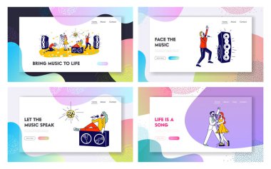 Karaoke Kulübü 'nün İniş Sayfasında Dans ve Şarkı Söyleyen Gençler. Erkek ve Kadın Karakterler Büyük Mikrofon ve Dinamik Web Sayfası Banner 'ın yakınında şarkı söylüyor. Çizgi film Düz Vektör İllüstrasyonu, Satır Sanatı