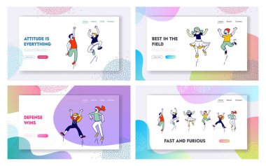 Gençlik, Çocukluk ve Özgürlük Sitesi İniş Sayfası Seti. Eller havada zıplayan mutlu çocuklar. Genç İnsanlar Hareketi, Yaz Tatili, Parti Web Sayfası Afişi. Çizgi film Düz Vektör İllüstrasyonu, Satır Sanatı