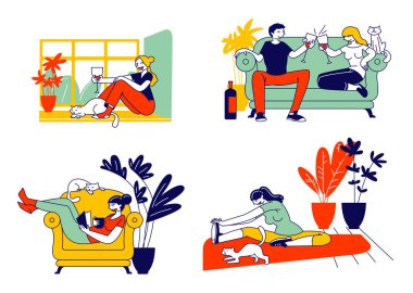Genç Kadın ve Kedi Takımı. Kız evde yalnız zaman geçirir ve sevgilisiyle flört eder, şarap içer, spor yapar, evcil hayvanla kitap okur. Çizgi film Düz Vektör İllüstrasyonu, Satır Sanatı