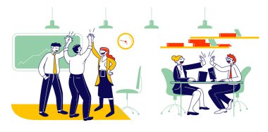 Neşeli İş Adamları, Başarılı Anlaşma veya Sözleşme Anlaşması 'ndan sonra Çak Beşlik. Yöneticiler Takımı, İş Adamları ve İş Kadınları Ekibi Çizgi Film Çizgi Filmi Düz Vektör İllüzyonu, Satır Sanatı