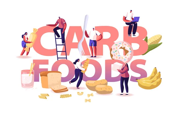 Carb Foods Concept. Tasty and Delicious Diet to Gain Weight with Snacks and Junk. Healthy and Unhealthy Carbohydrate Production Choice Poster Banner Flyer Brochure. Cartoon Flat Vector Illustration — 스톡 벡터
